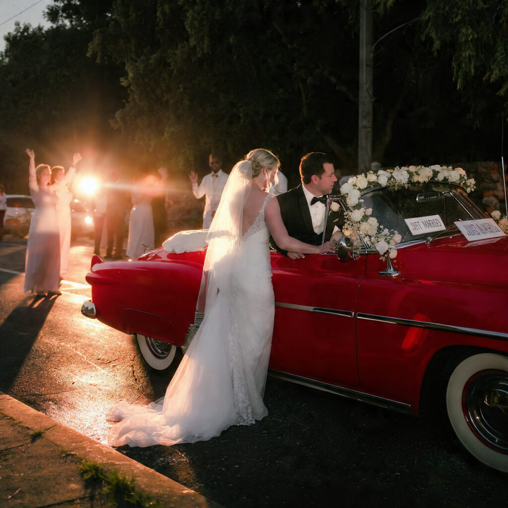 18 Stunning Wedding Send Off Ideas for an Unforgettable Exit 13 bride and groom stepping into a vintage