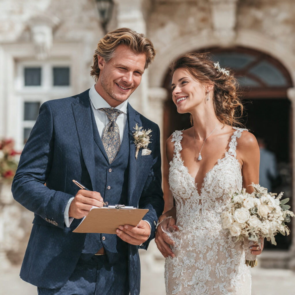 bride and groom touring elegant wedding venues