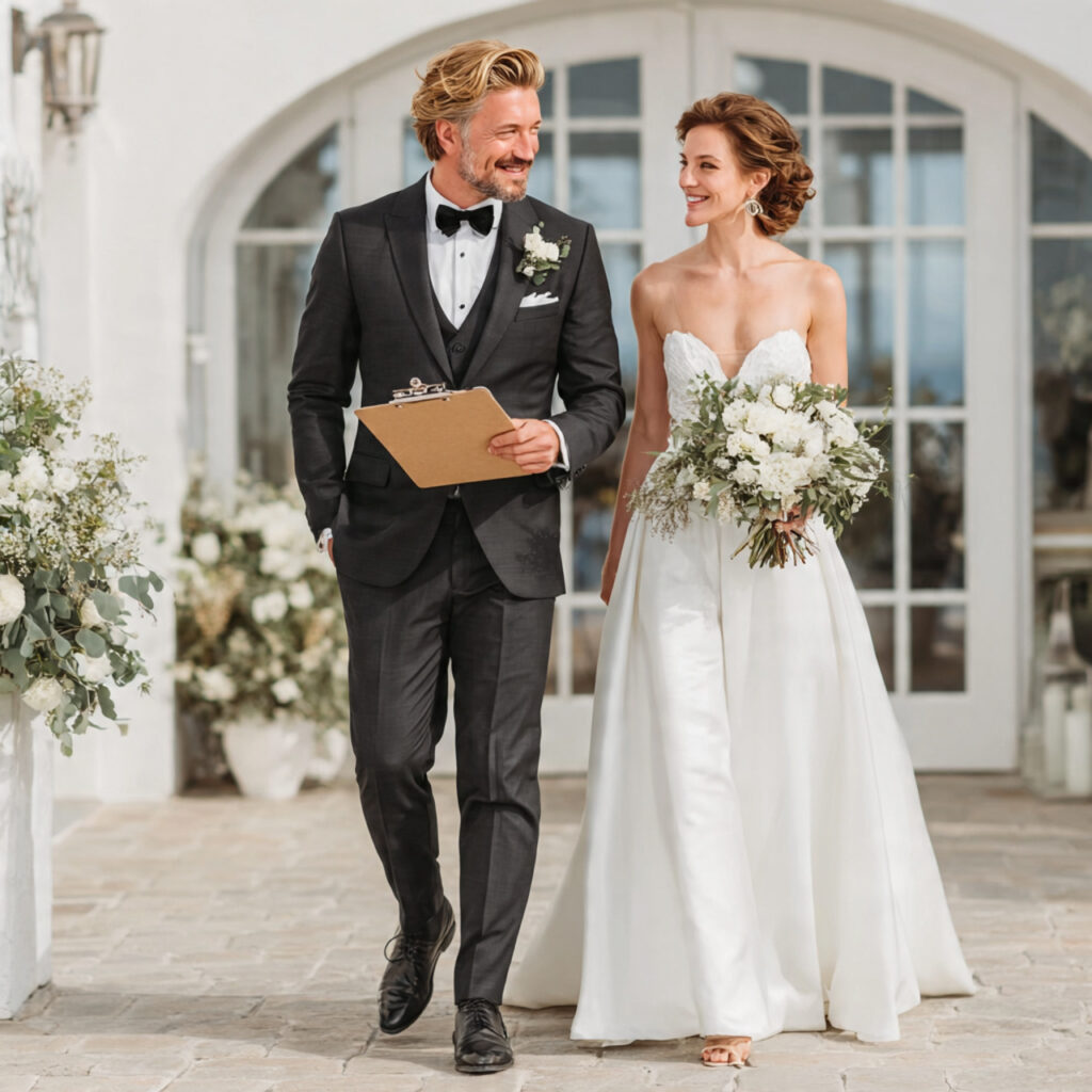 bride and groom touring wedding venue with