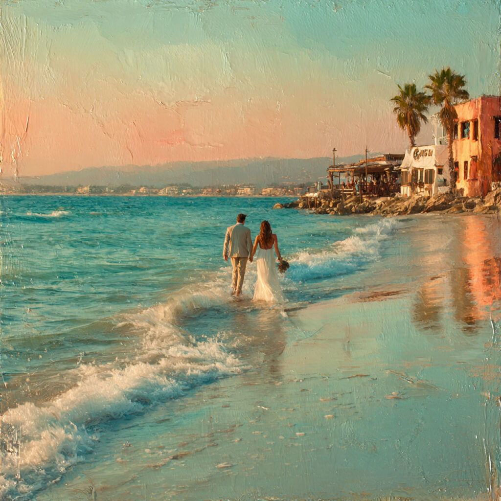 bride and groom walking barefoot along ocean 1