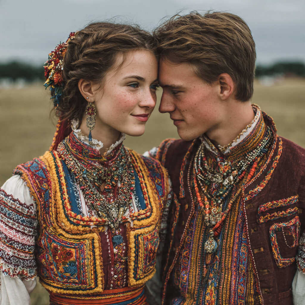 bride and groom wearing colorful polish folk