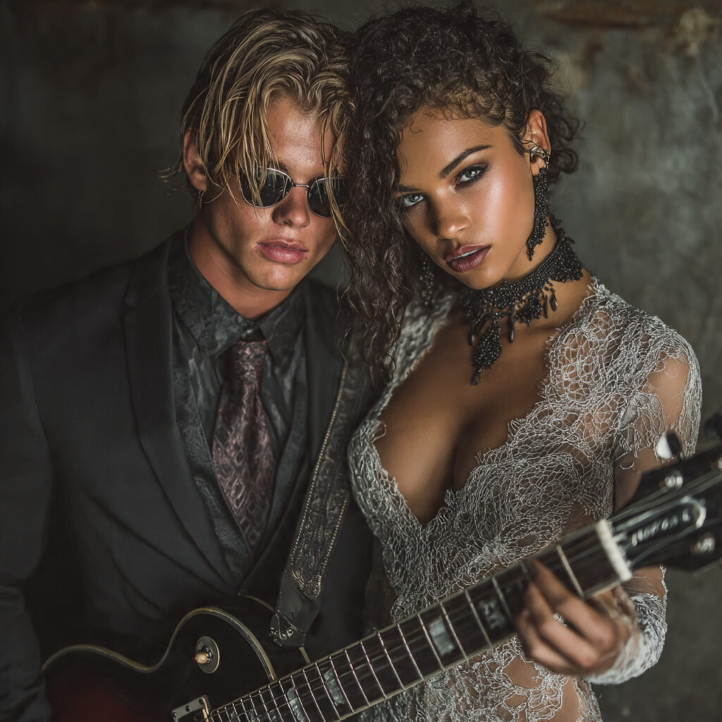 bride and groom with rock inspired wedding theme