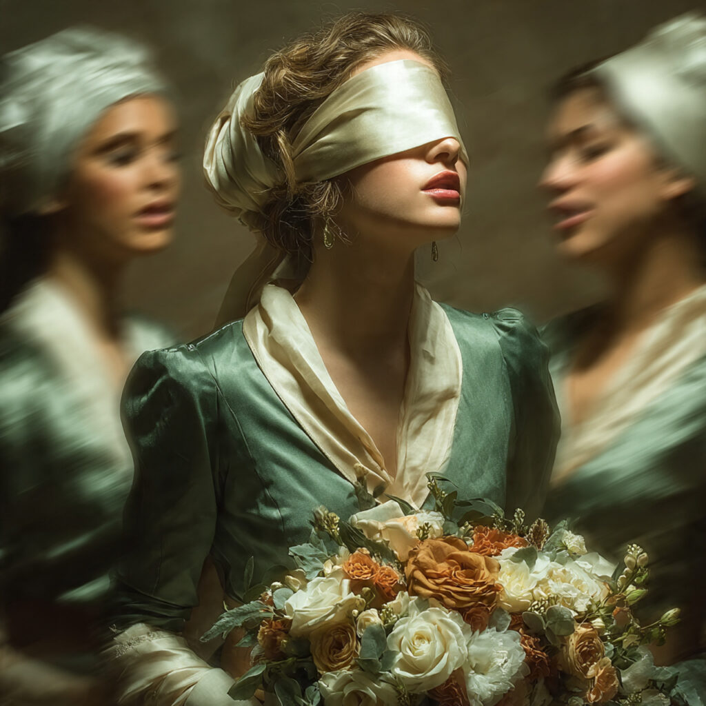 bride blindfolded holding bouquet bridesmaids circling her