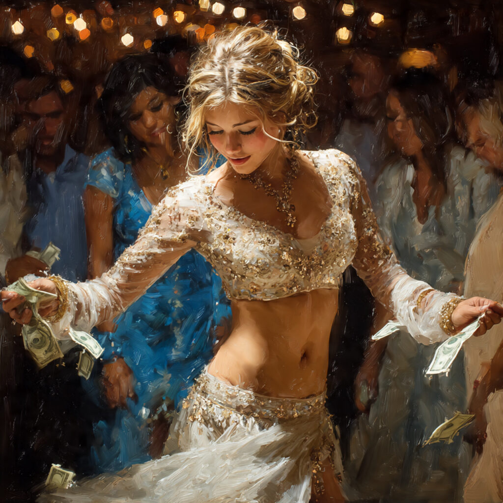 bride dancing with guests pinning money on 1