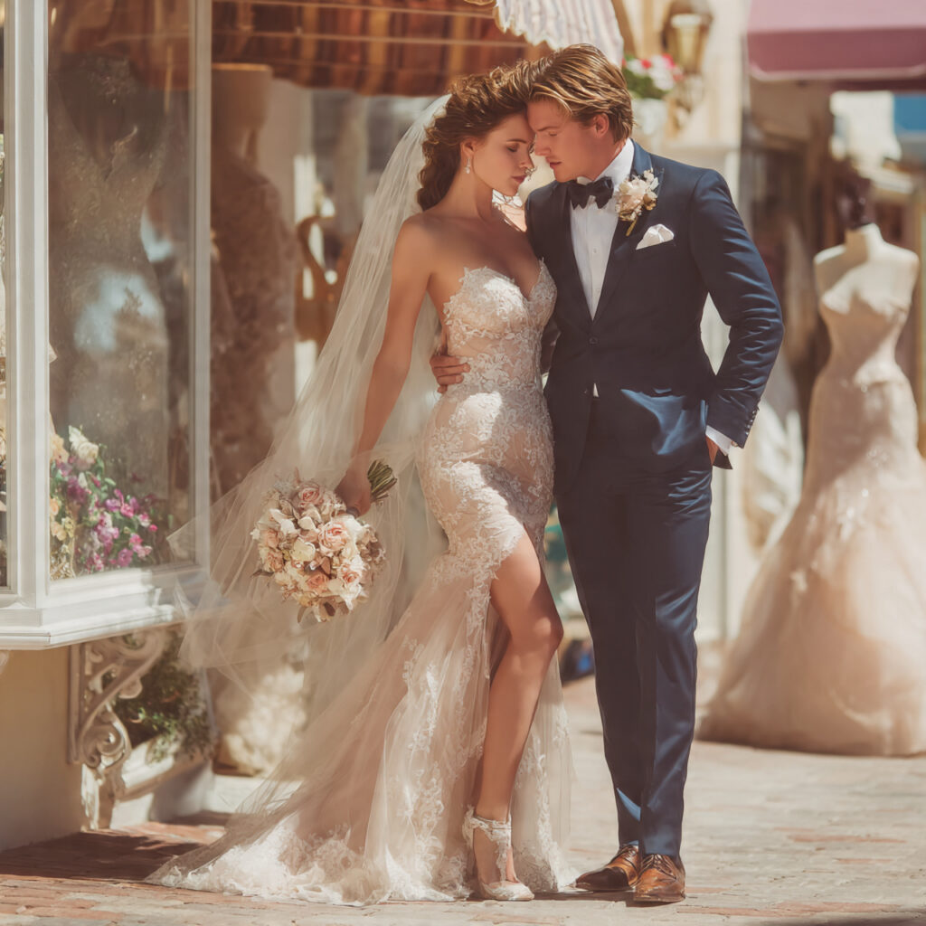 bride in a classic lace gown adjusting