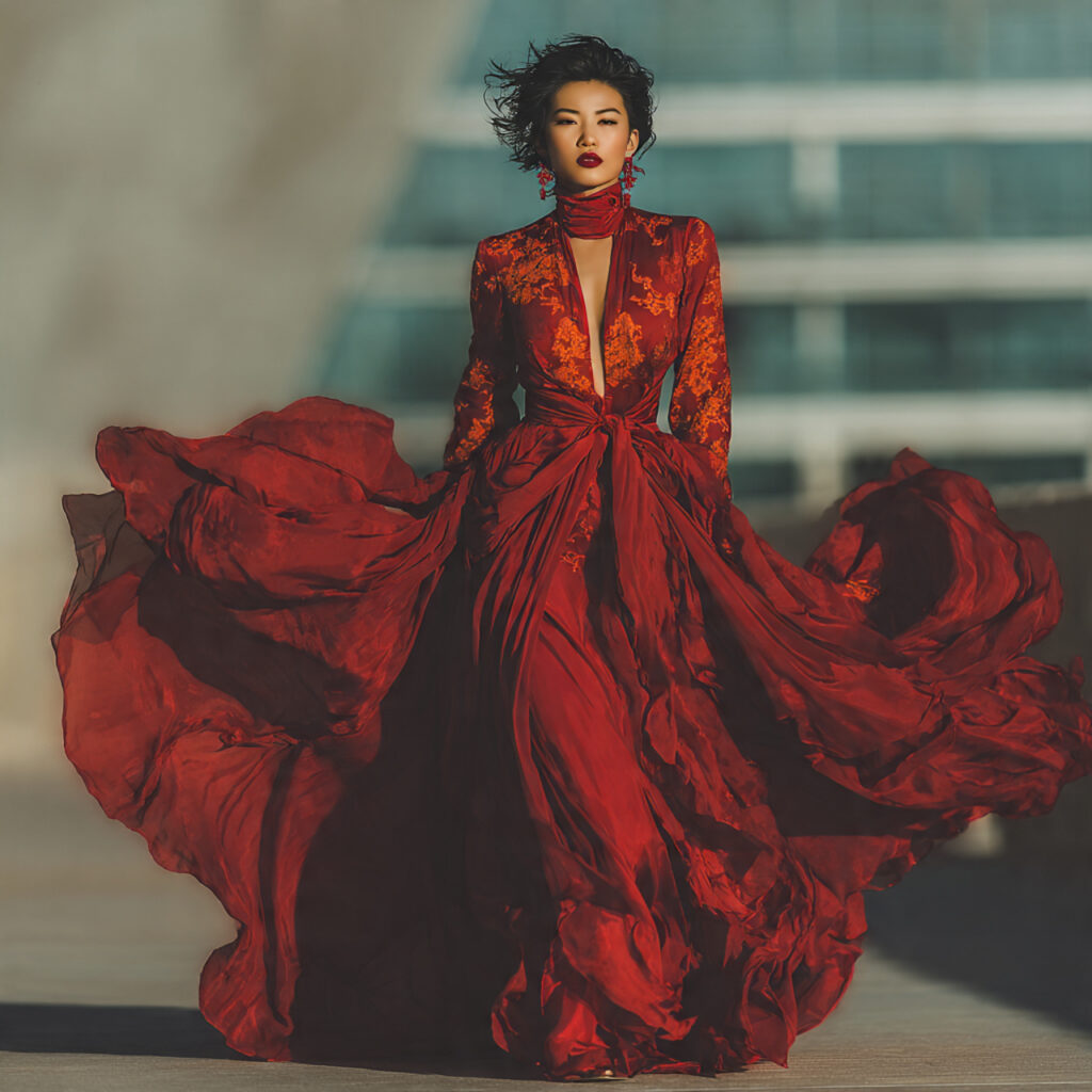 bride in a flowing red silk wedding