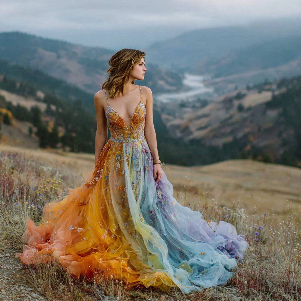 bride in a rainbow ombre wedding dress