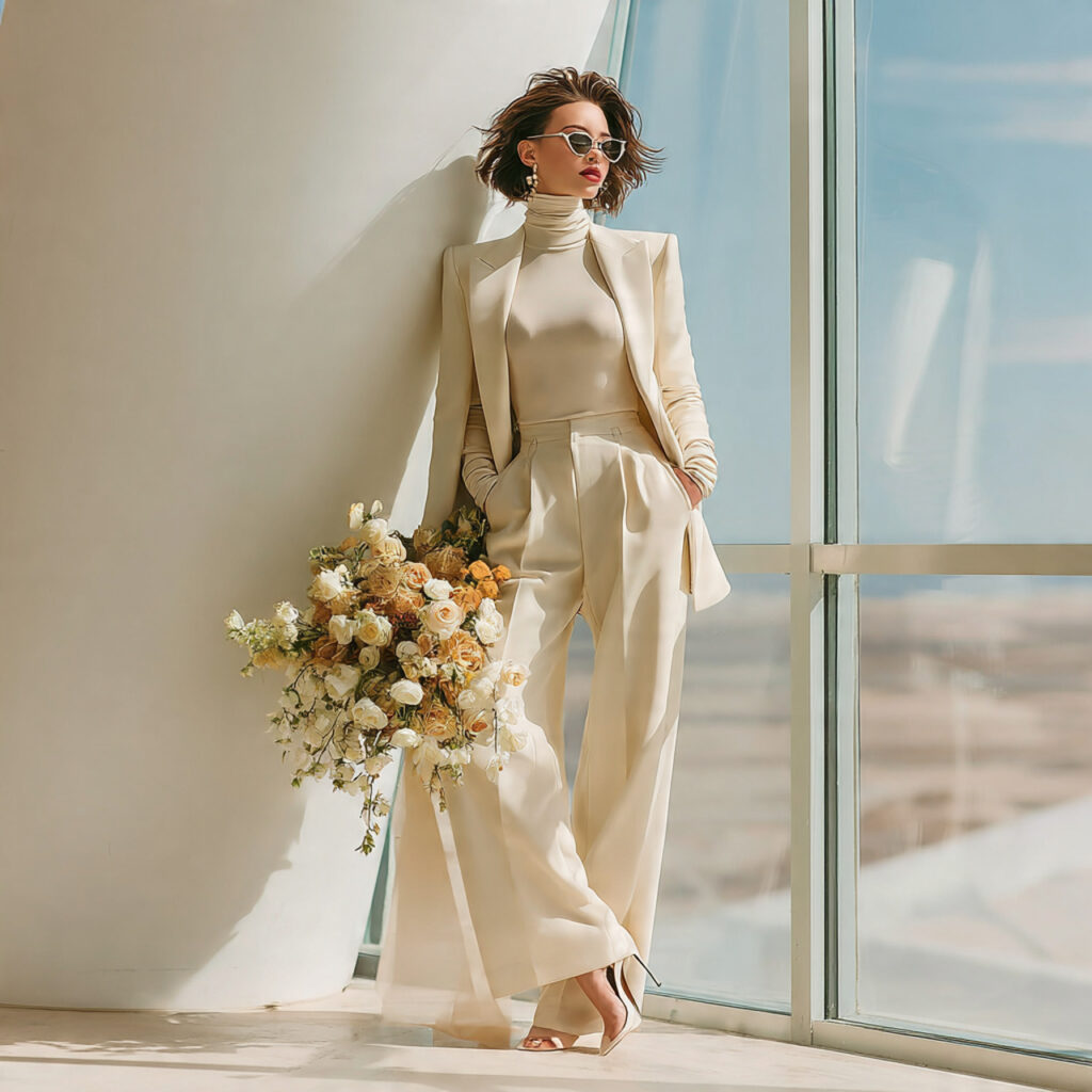 bride in a structured ivory bridal suit