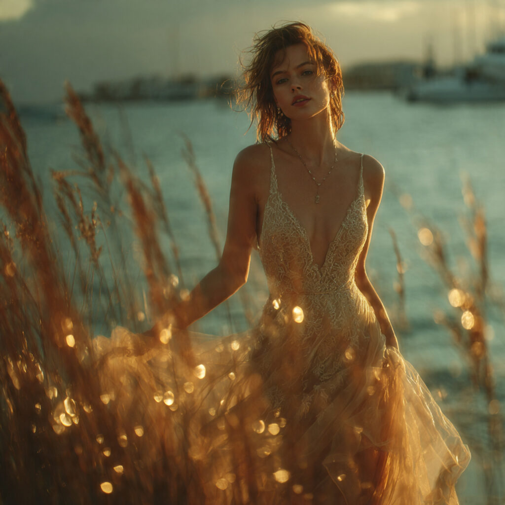 bride in flowing gown bathed in golden hour