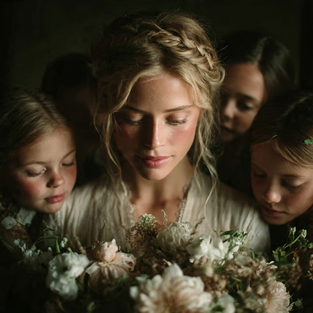 bride surrounded by balanced mix of family