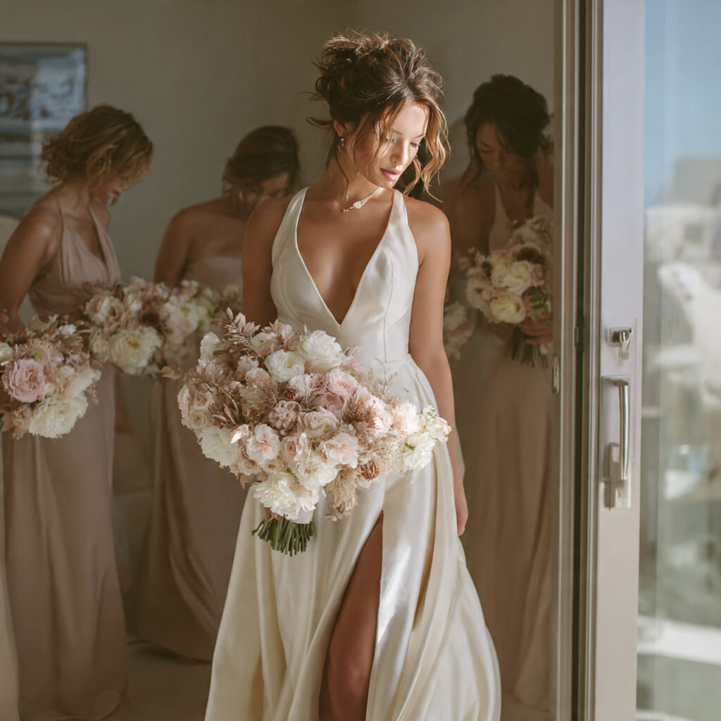 bride thoughtfully selecting bridesmaids alone minimalist setting