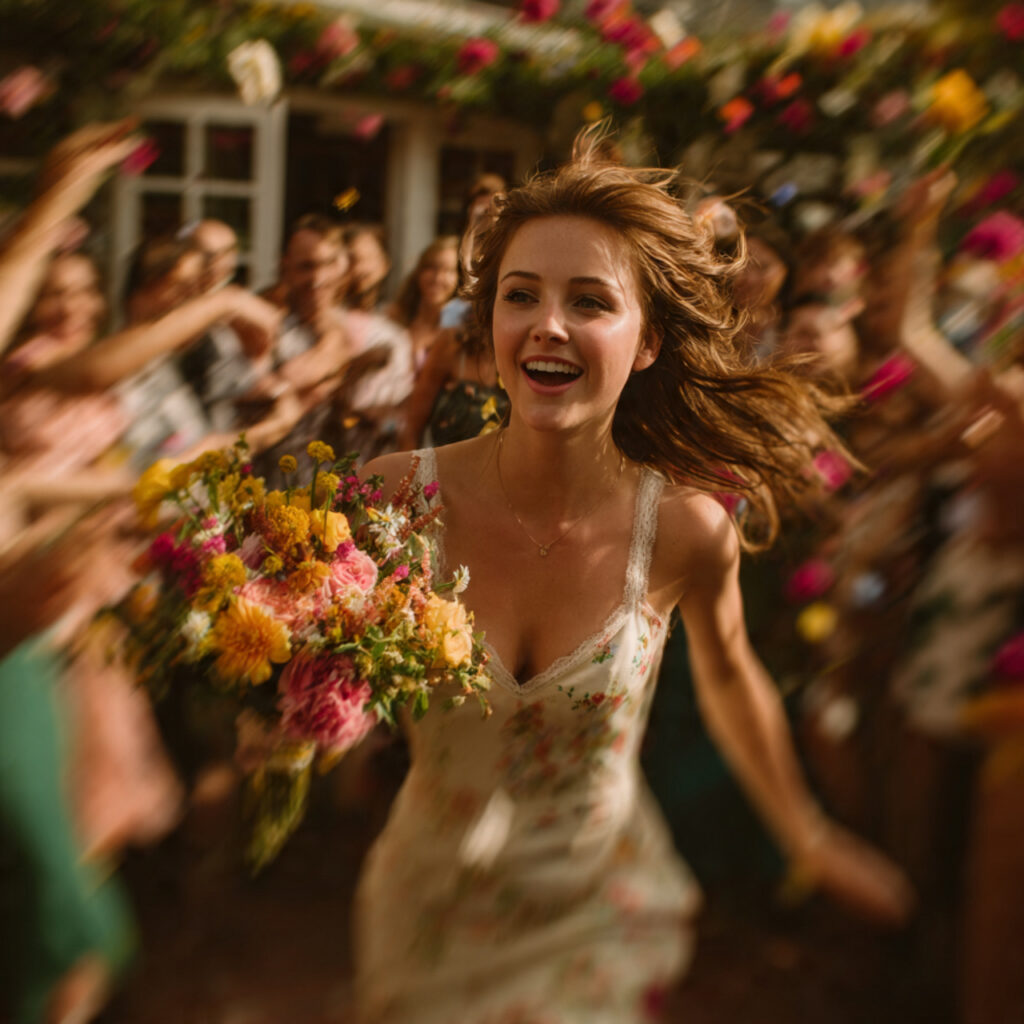bride tossing bouquet at an irish wedding