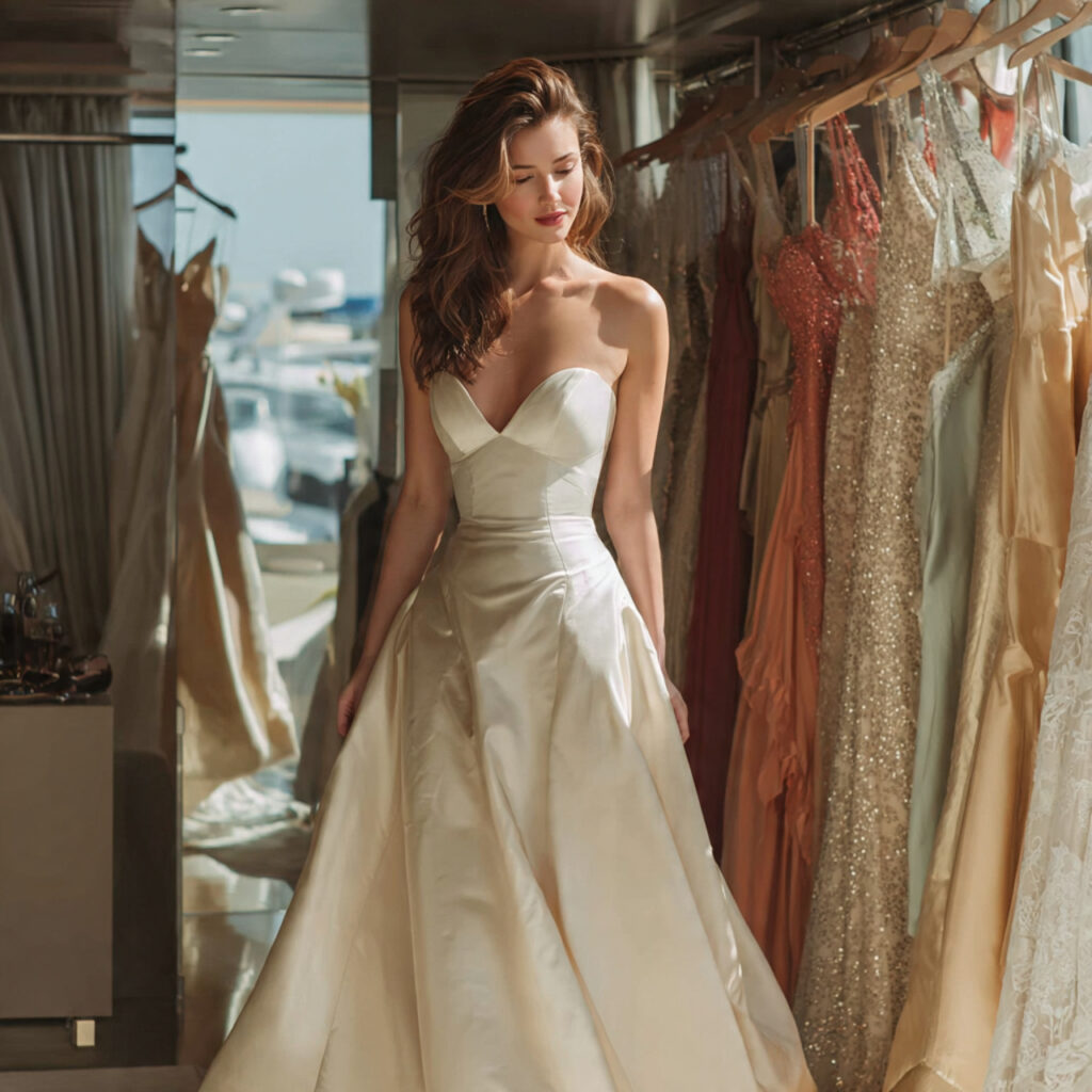 bride trying on a rented wedding dress