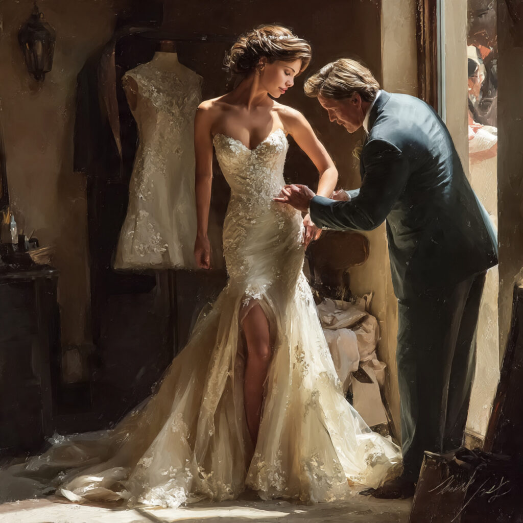 bride trying on wedding dress groom in