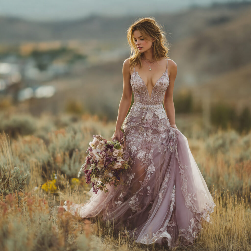 bride wearing a pastel colored wedding dress in