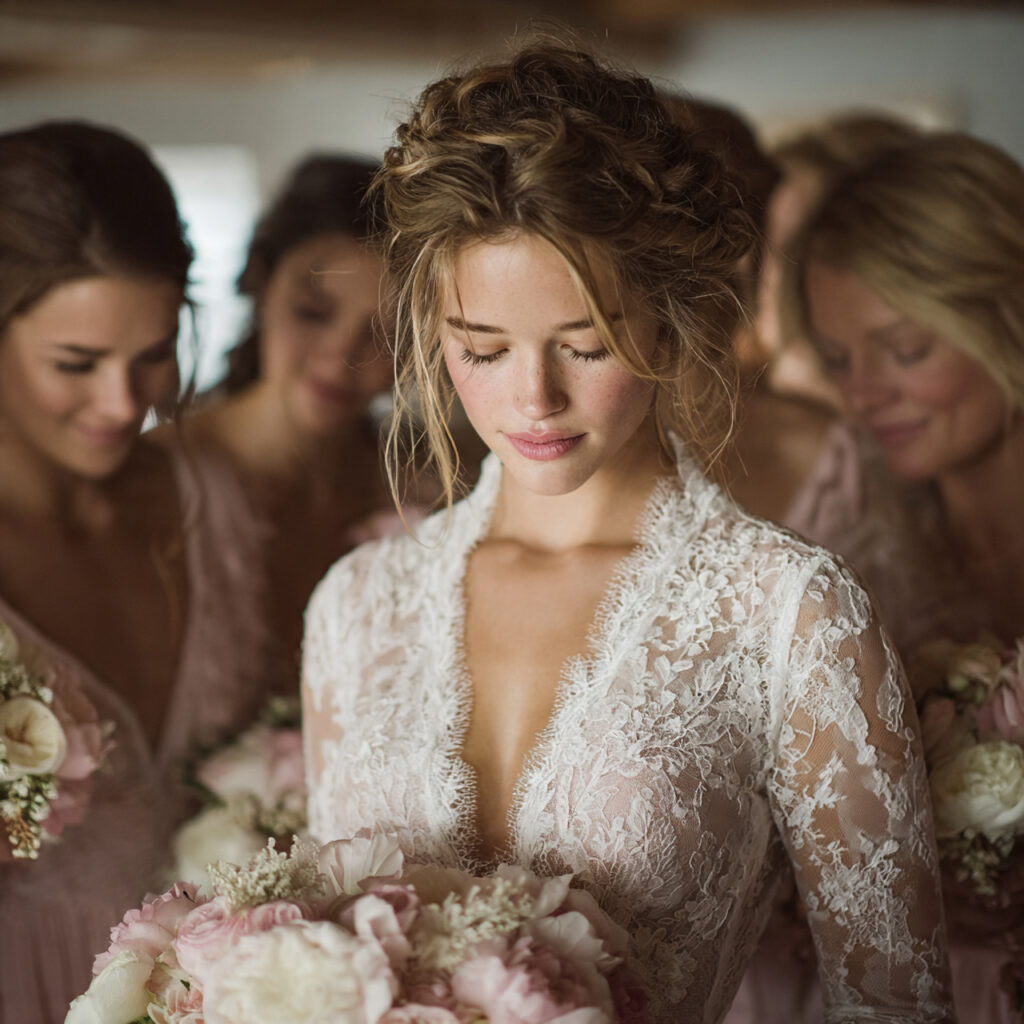 bridesmaids comforting and supporting bride gentle hugs