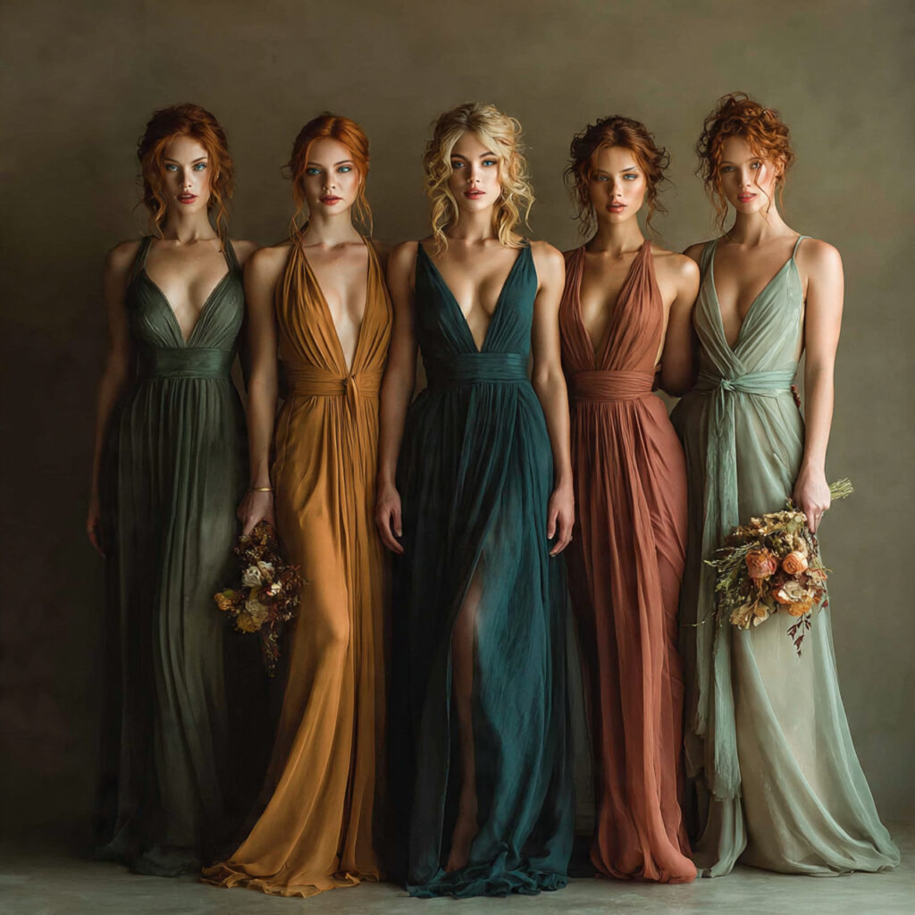 bridesmaids in complementary dresses of various styles