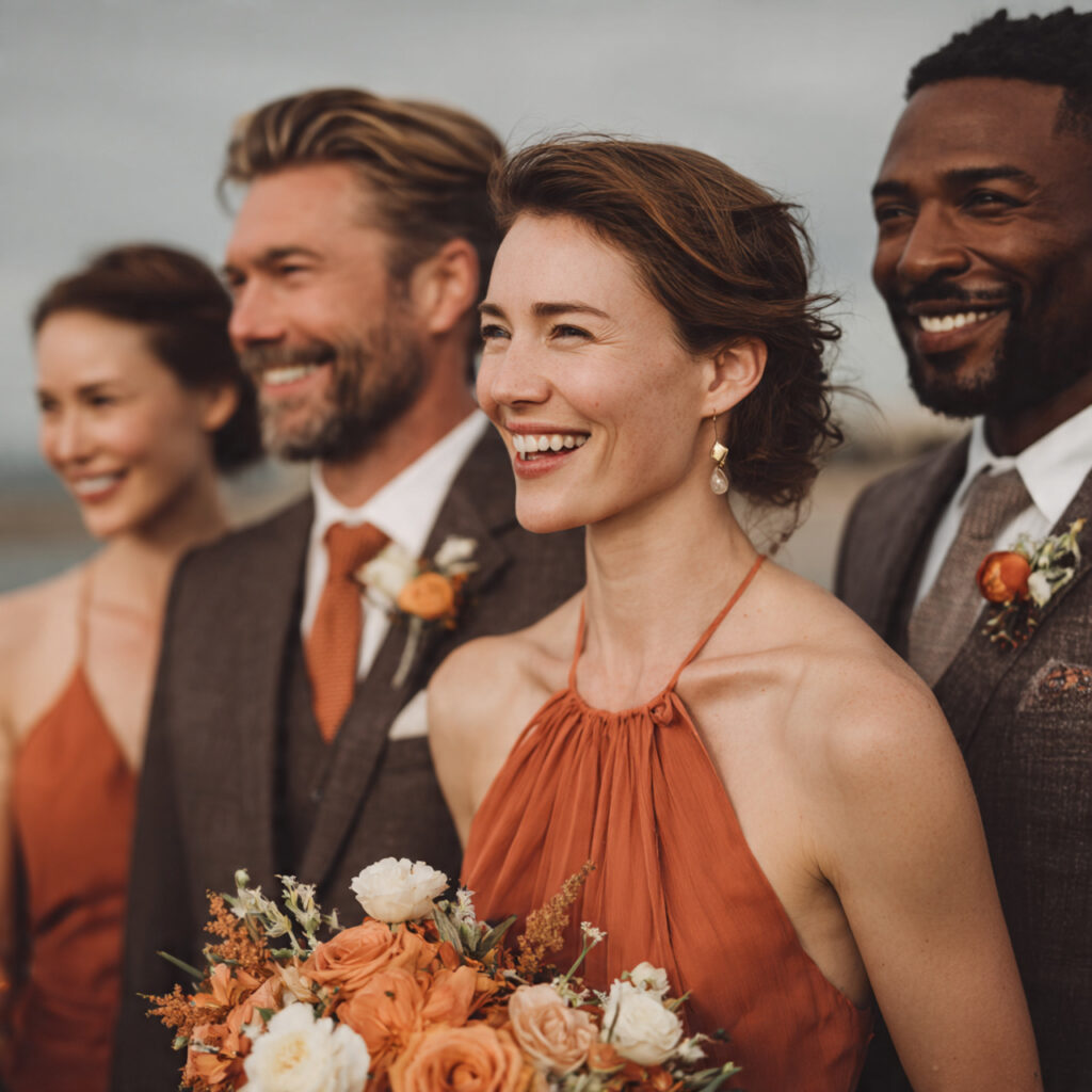 bridesmaids in coordinated dresses and groomsmen in
