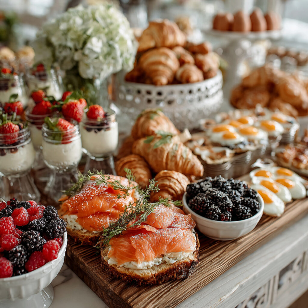 bright brunch grazing table with smoked salmon