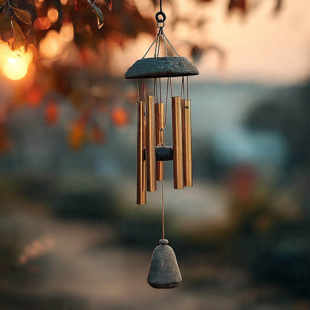 bronze wind chimes swaying gently outdoors golden