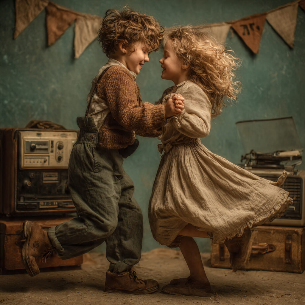 brother and sister dancing while childhood themed visuals