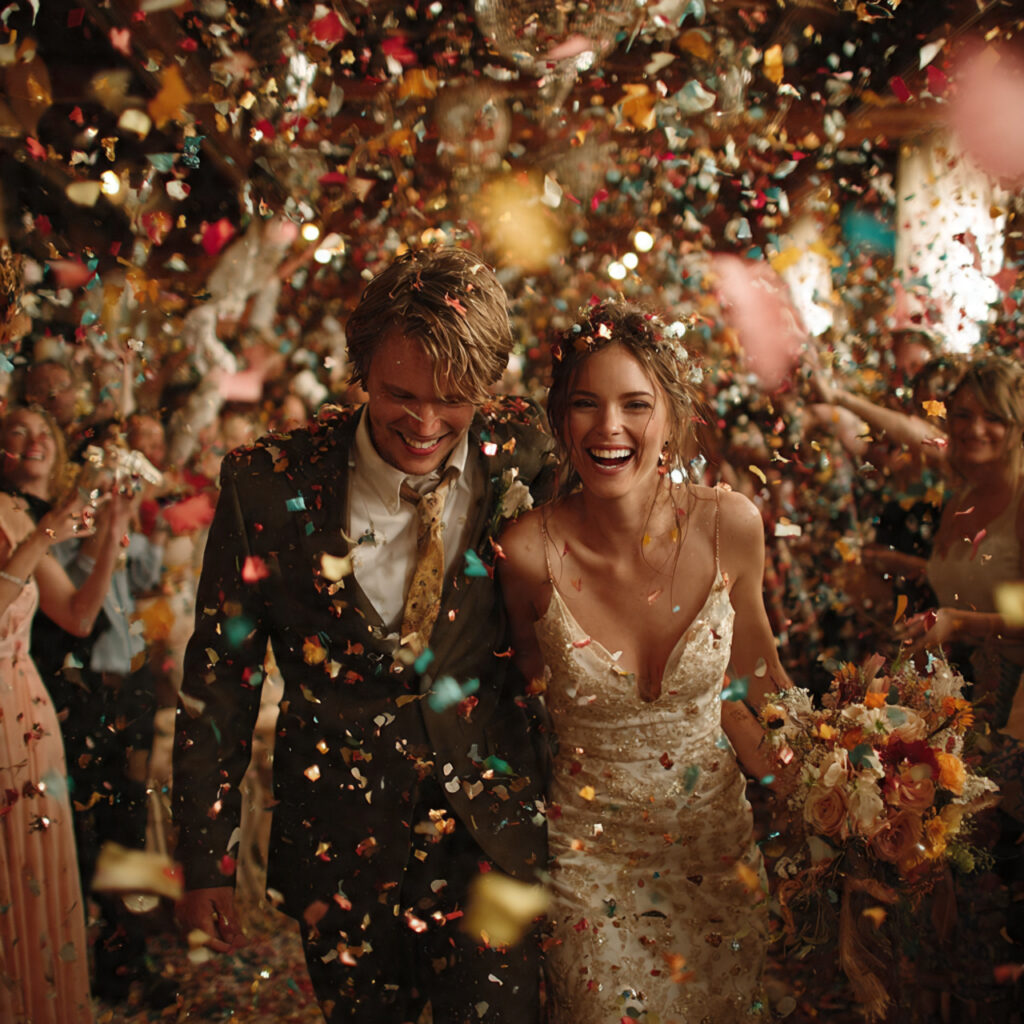 18 Stunning Wedding Send Off Ideas for an Unforgettable Exit 9 burst of colorful confetti cannons exploding overhead