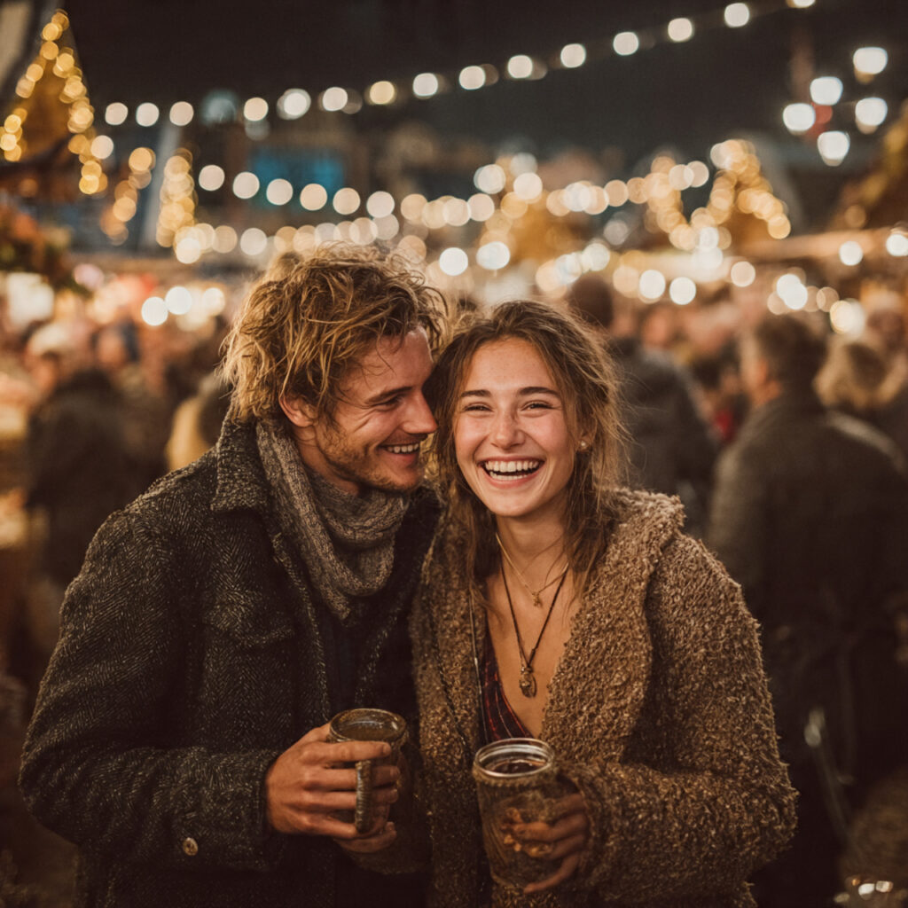 bustling holiday market with glowing string lights