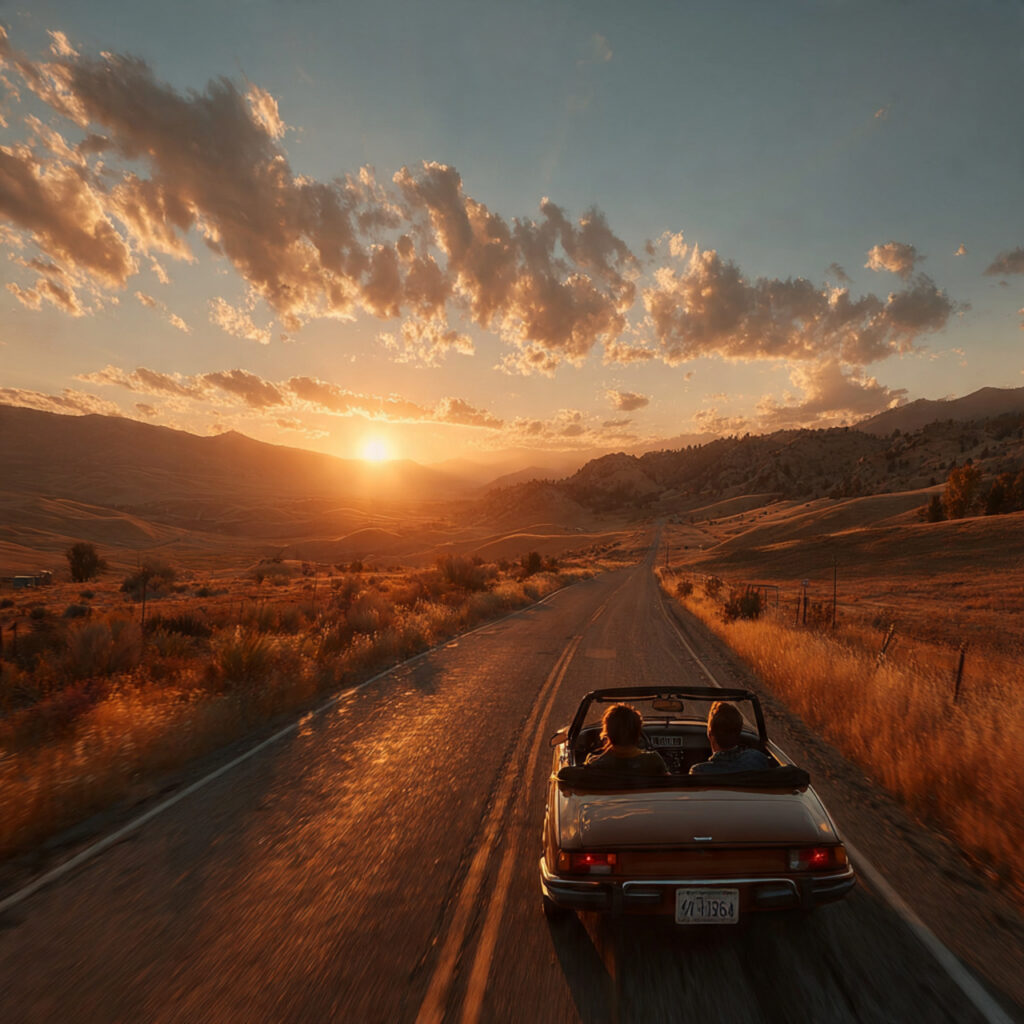 car driving on an open countryside road