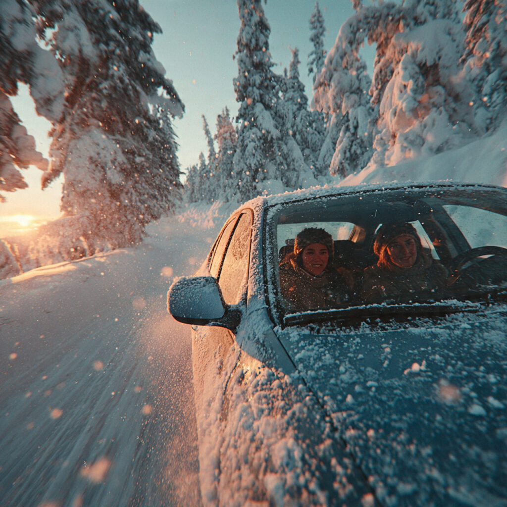 car driving through snow covered countryside road couple