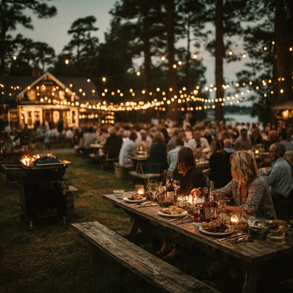casual backyard wedding rehearsal dinner string lights