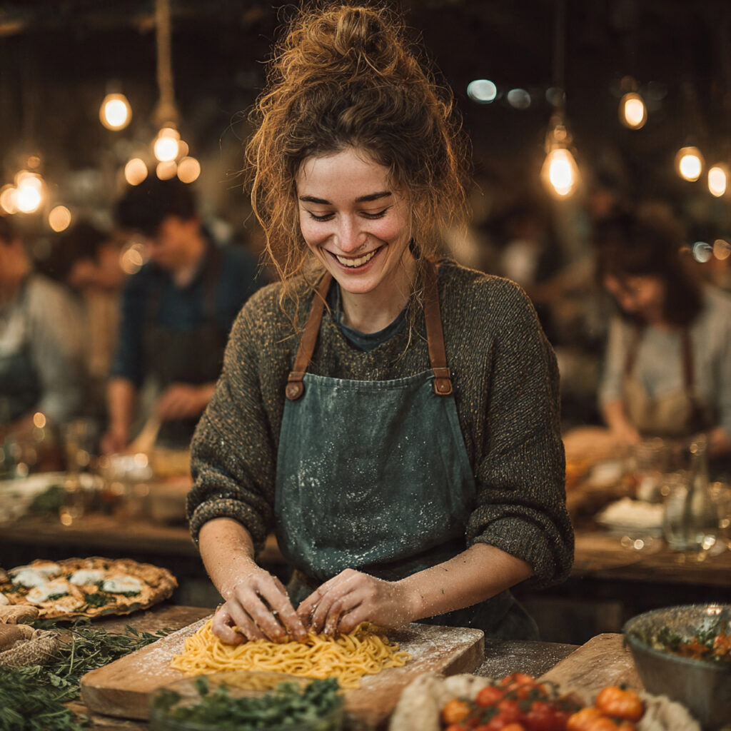 cheerful cooking class scene women wearing aprons