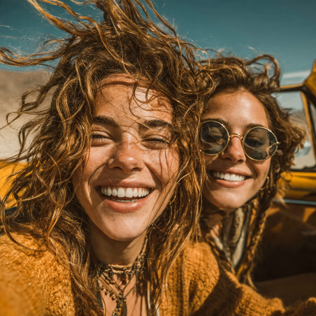 cheerful road trip moment with women leaning 1