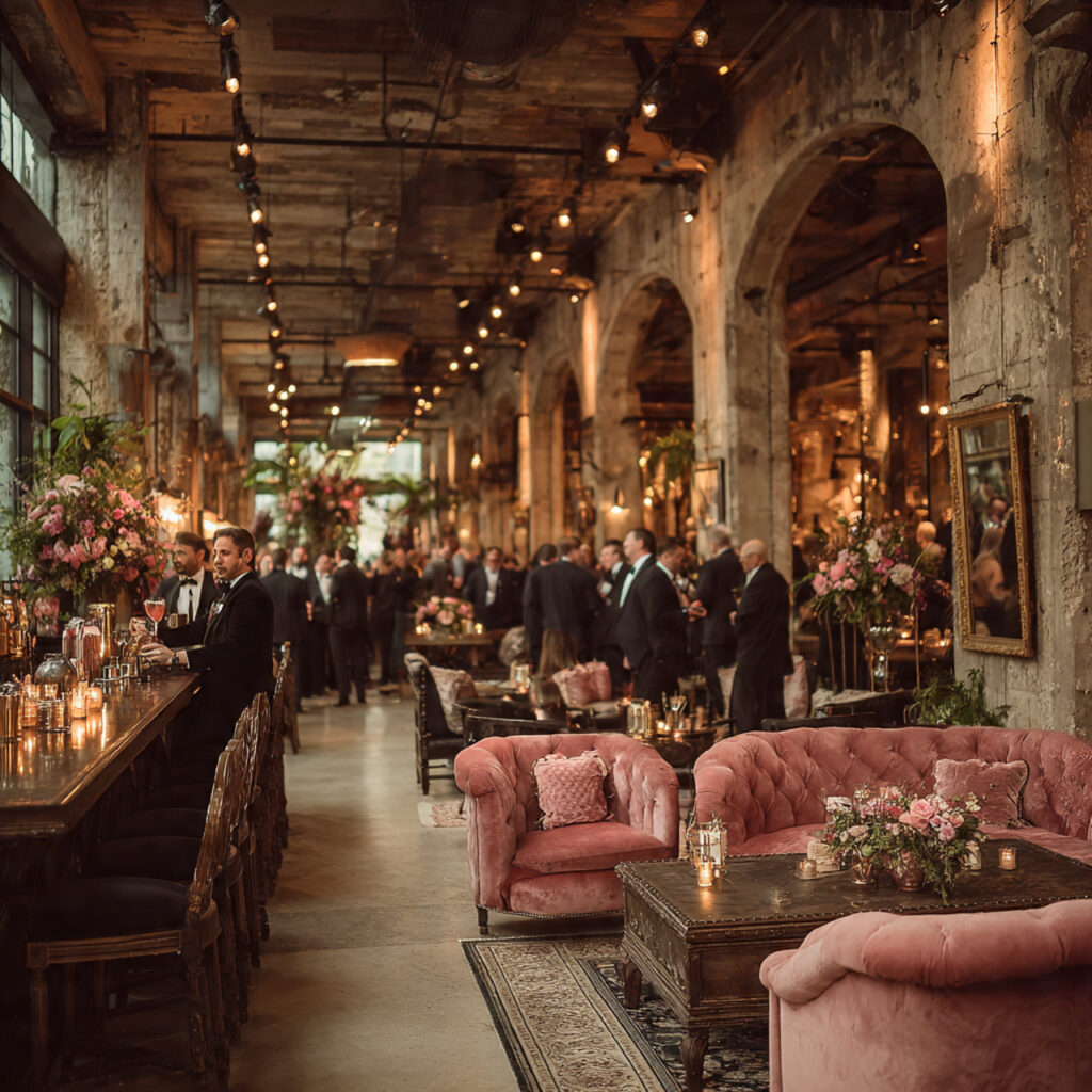 chic cocktail engagement party elegant bar setup