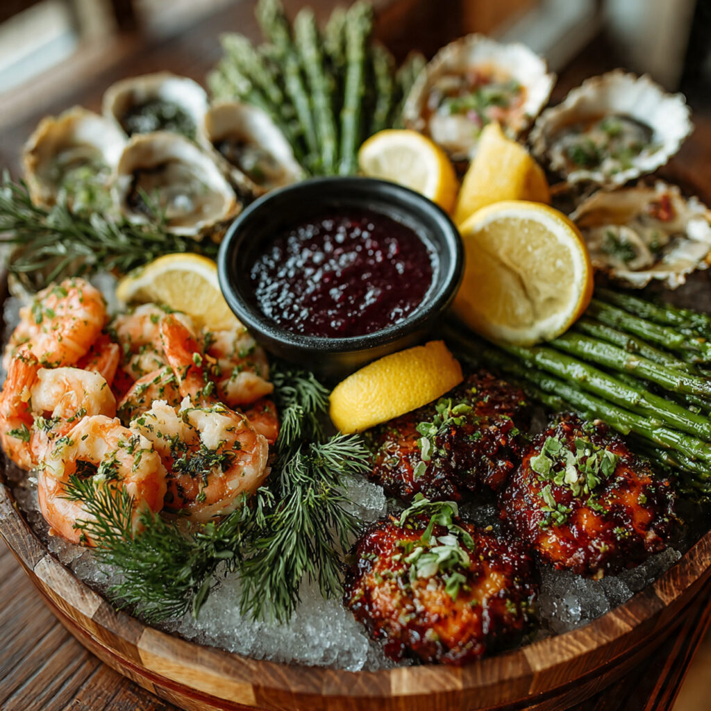 chilled seafood grazing table with shrimp oysters