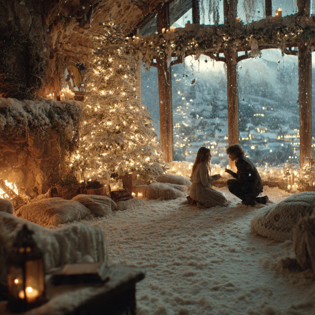 christmas themed proposal near decorated tree and lights