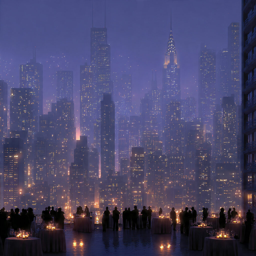 city rooftop rehearsal dinner skyline in background 1