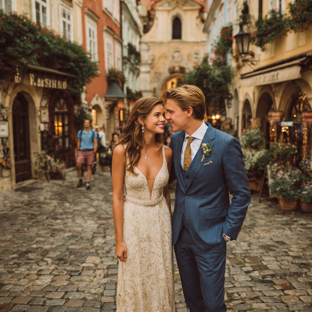 city wedding in prague historic courtyard cobblestone