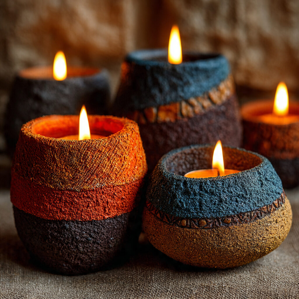 clay candle holders with soft glowing candles