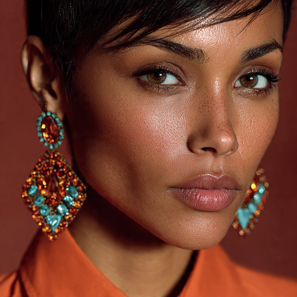 close up fashion portrait featuring bold statement jewelry