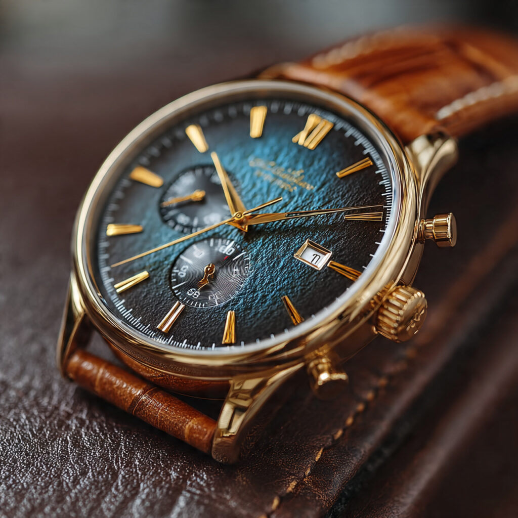 close up of a bronze wristwatch with classic