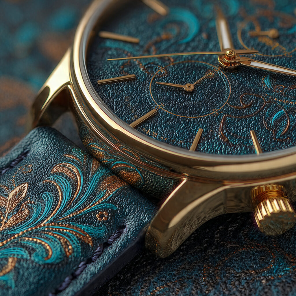 close up of a wristwatch with lace embossed leather