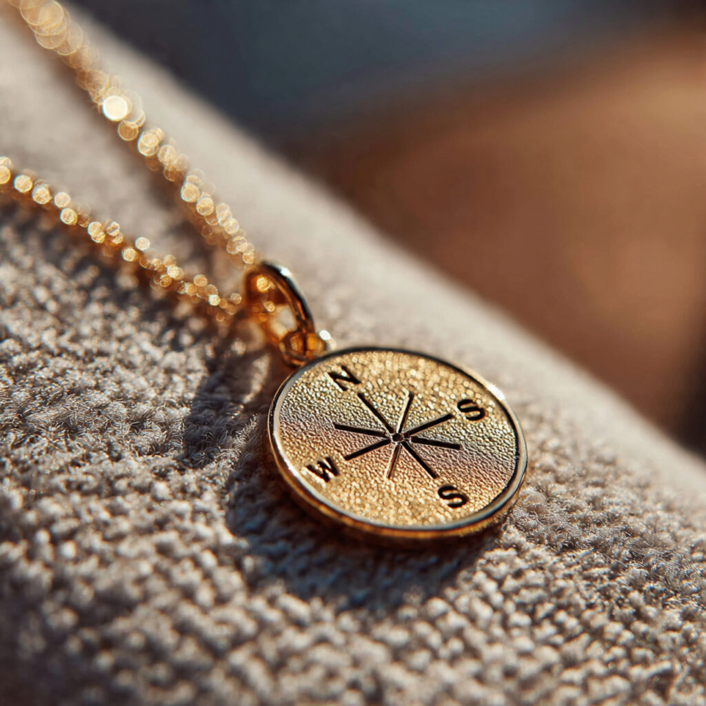 close up of bronze necklace with engraved coordinates