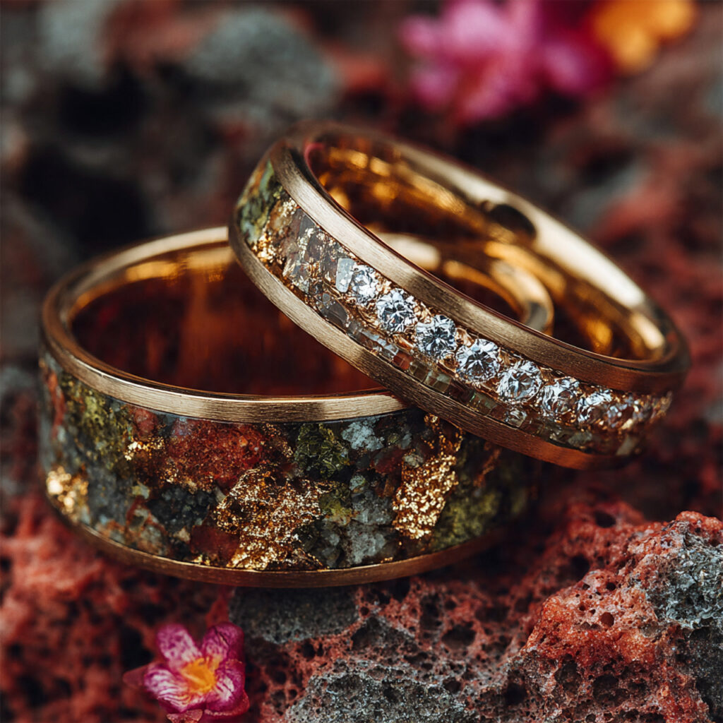 close up of eco friendly wedding rings made