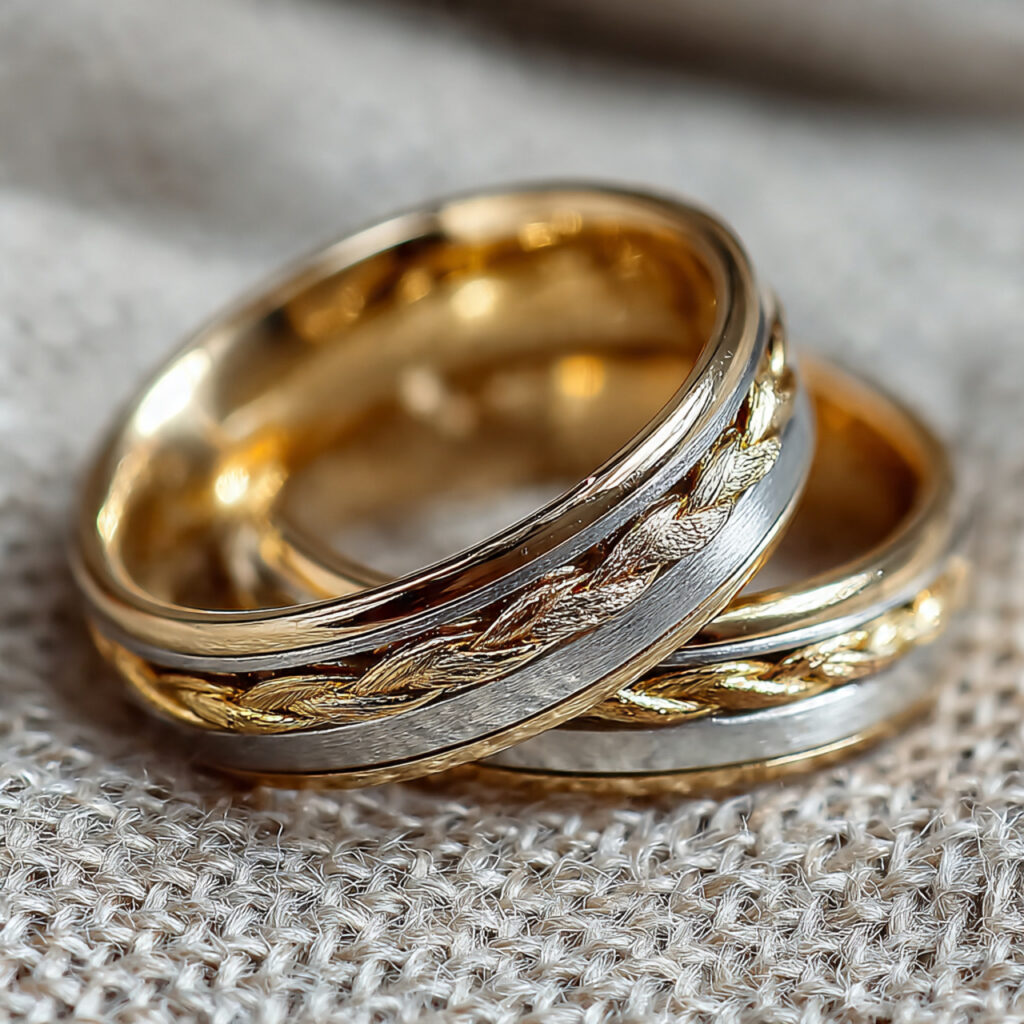 close up of intertwined gold and platinum wedding