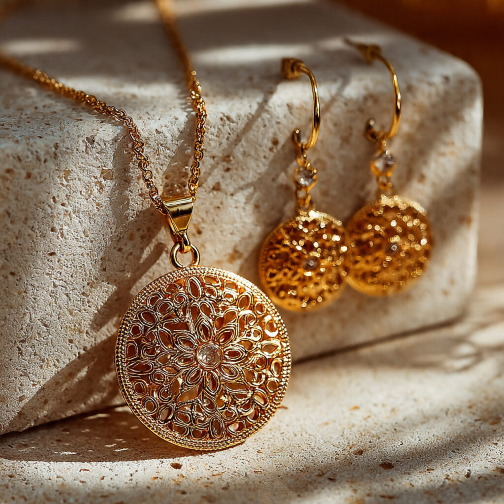 close up of lace inspired gold jewelry intricate metalwork