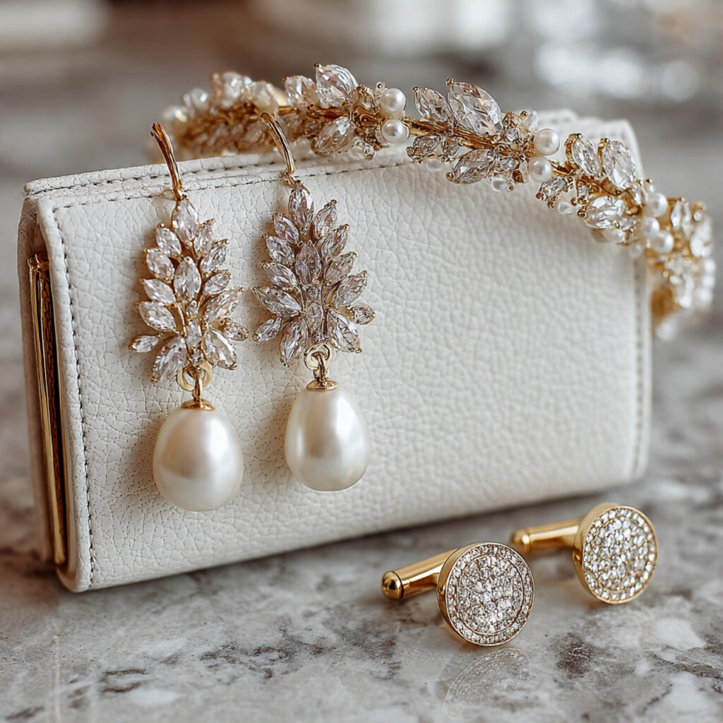 close up of wedding accessories pearl drop
