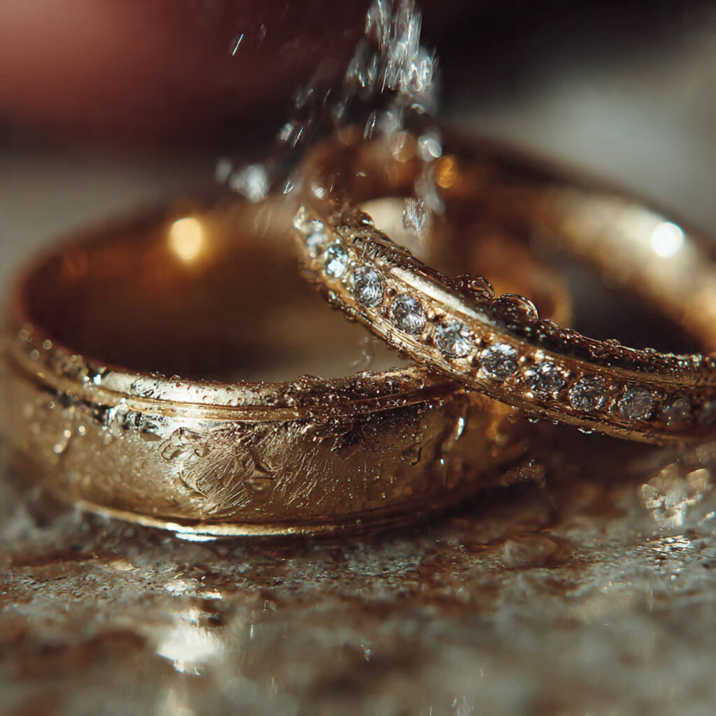 close up of wedding rings being sprinkled with