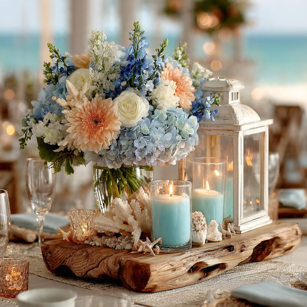coastal wedding centerpiece with white lantern on