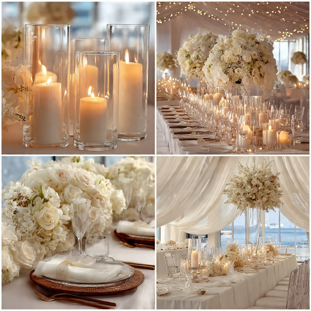 collage of wedding decorations including candles fairy