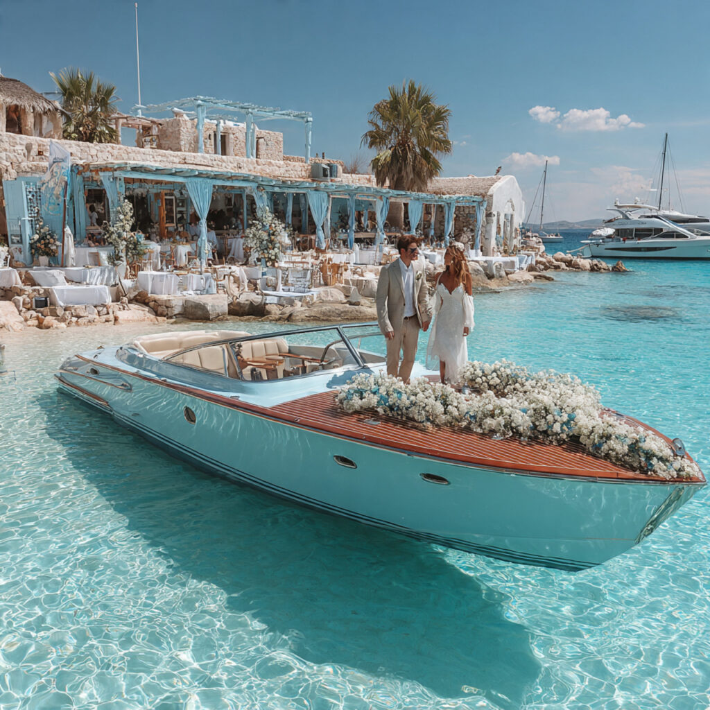 couple arriving by elegant yacht decorated with